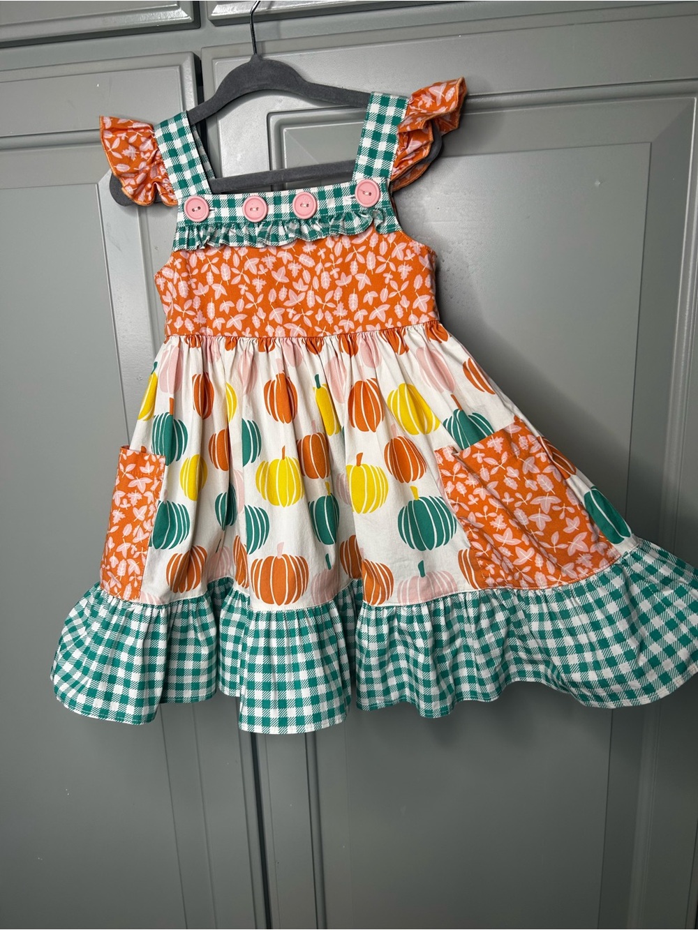 Eleanor Rose Girls Pumpkin Patch Ruffle Dress - Orange & Green size 2t